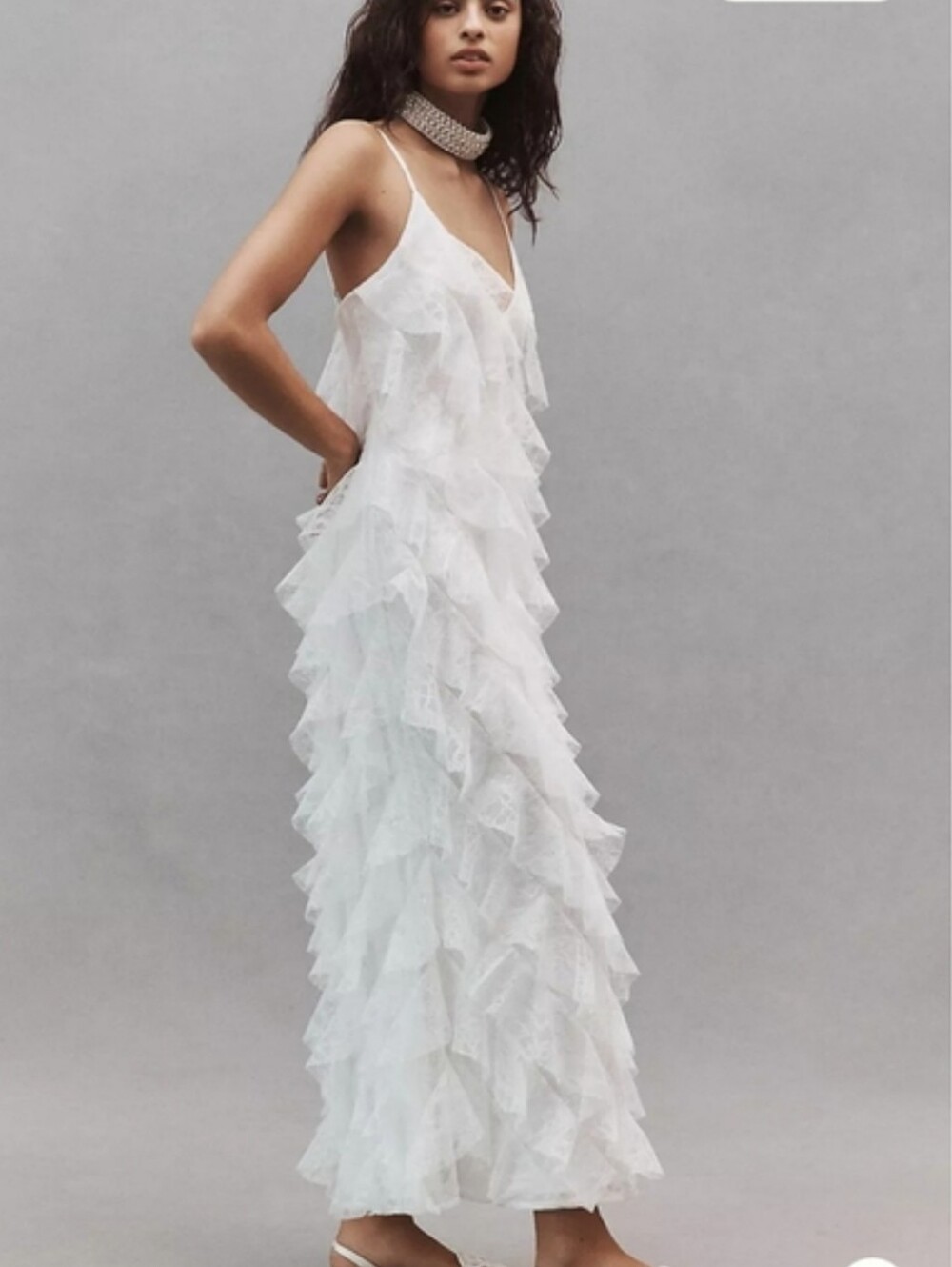 NWOT BHLDN Jia Bias-Cut Lace White Ruffled V-Neck Gown